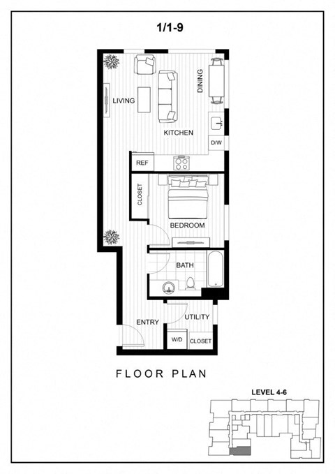 Floor plan for 1 bed, 1 bath, 651 sqft